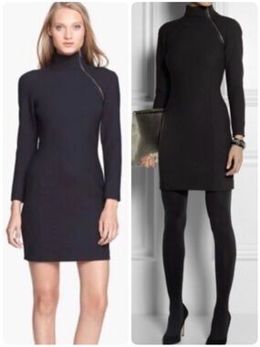 Theory Daniella Black Mini Turtleneck Funnel Neck Bodycon Dress Asymmetrical Zip